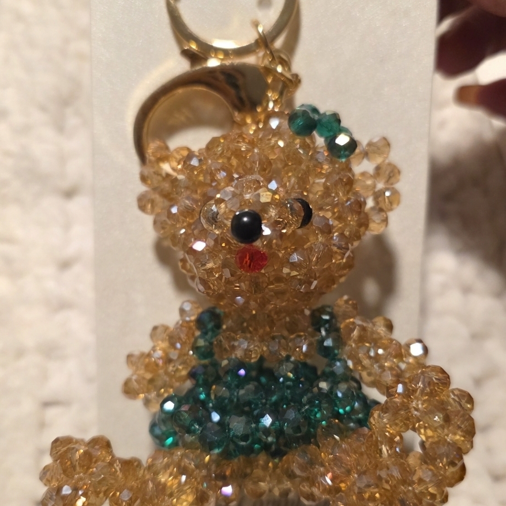 Natasha Couture Gold and Green Crystal Teddy Keychain